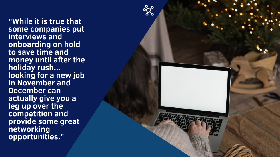 Woman on laptop with Christmas tree in background